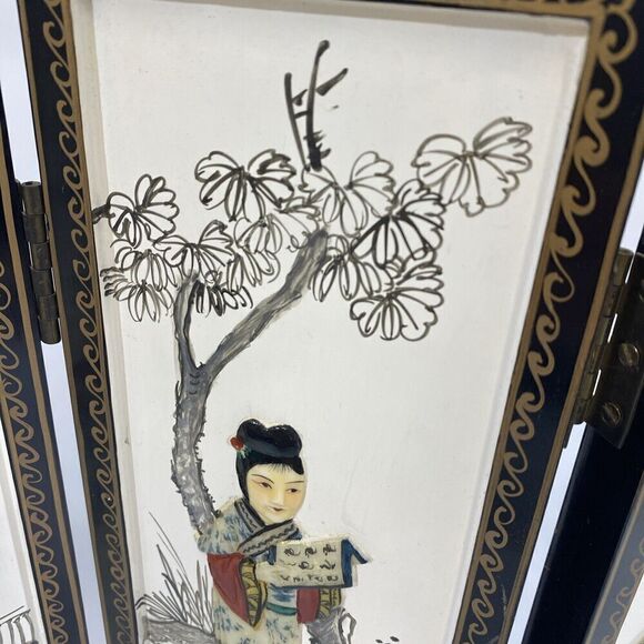 Vtg Asian Handpainted 4 Panel Tabletop Screen Three Dimensional Carved Women 14” - Picture 7 of 12